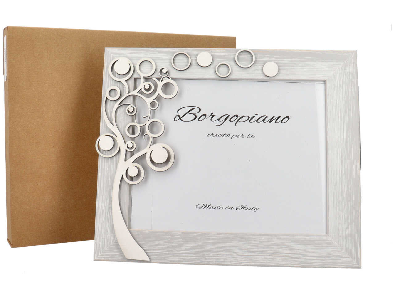 Cornice portafoto shabby chic in legno bianco effetto invecchiato, albero della vita in rilievo -  foto 20x25cm - Borgopiano