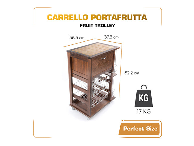 Carrello Porta Frutta e Verdura con portapane 56,5x37,3 h 82,2 in Legno, portavino carrello da cucina con ripiano multiuso 100% Made in Italy.