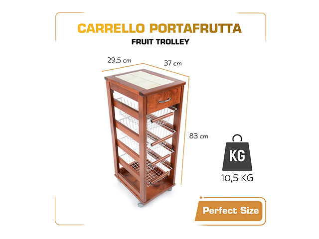 Carrello Porta Frutta e Verdura con cassetto portapane 29,5x37 h 83 in Legno, carrello da cucina con ripiano multiuso 100% Made in Italy. (Ciliegio)