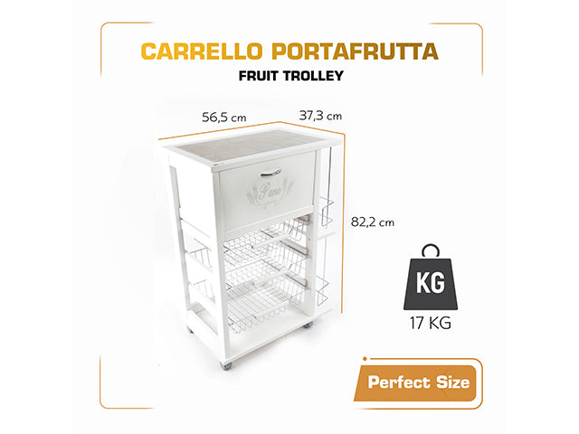Carrello Porta Frutta e Verdura con portapane 56,5x37,3 h 82,2 in Legno, portavino carrello da cucina con ripiano multiuso 100% Made in Italy. (Bianco)