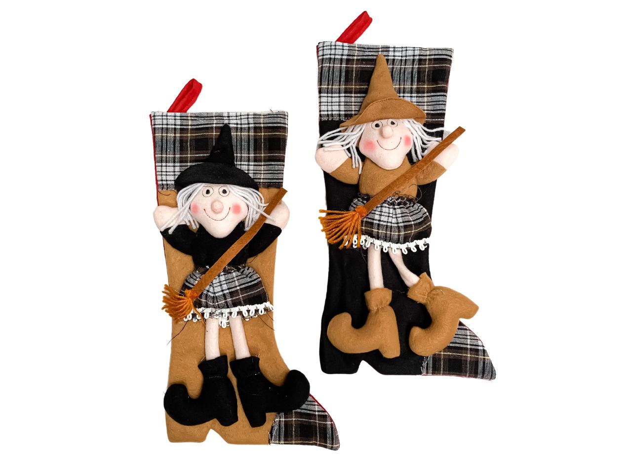 Calza rosalba 1 panno con befana lusso applicata 40cm in 2 colori beige e nero