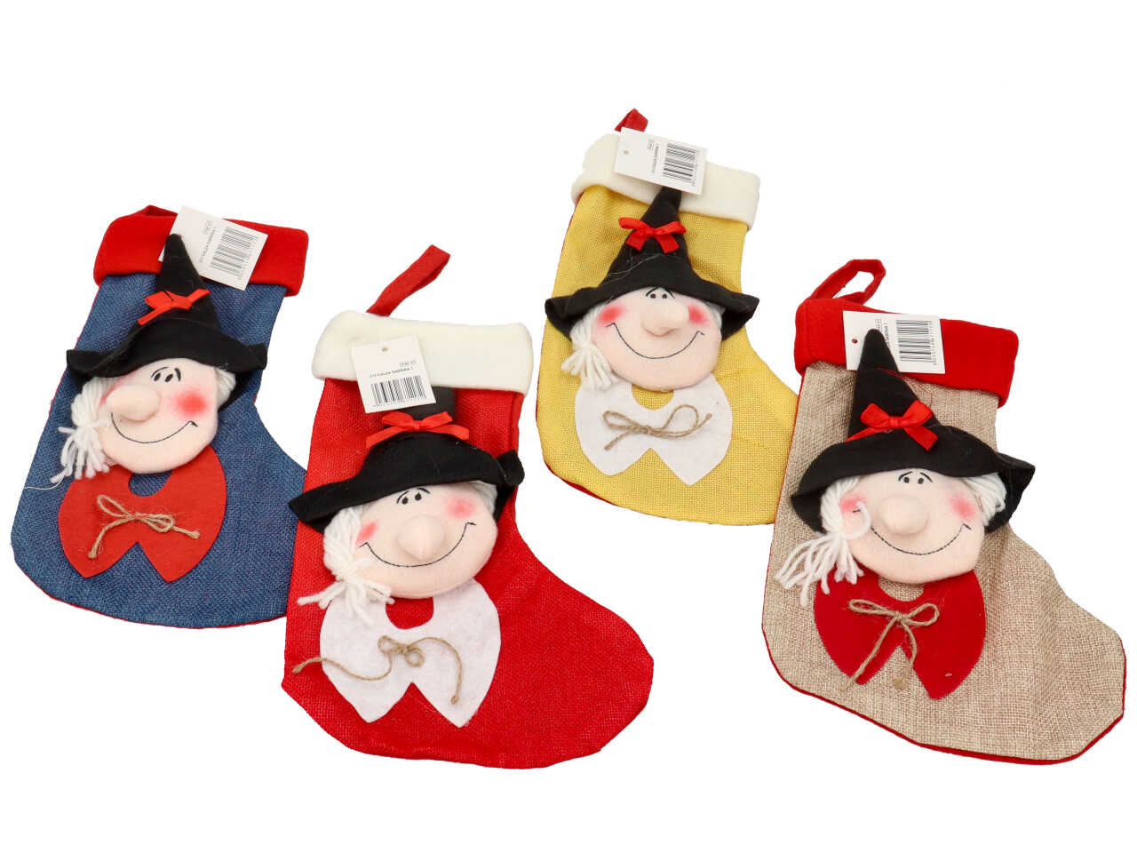 Calza sabrina n.1 in juta colorata con faccia di befana misura h.32cm