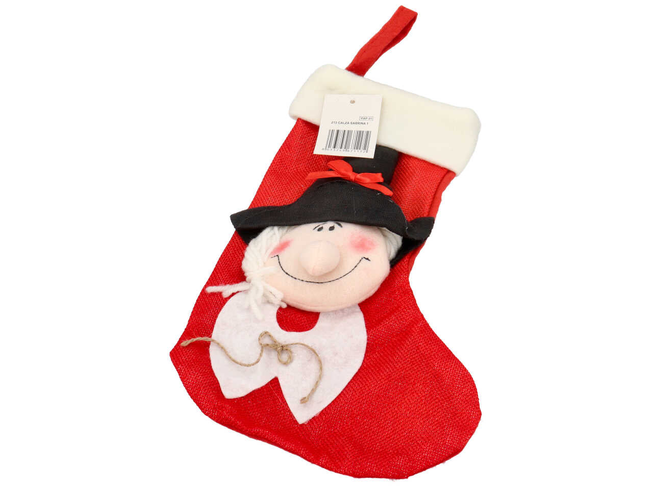 Calza sabrina n.1 in juta colorata con faccia di befana misura h.32cm