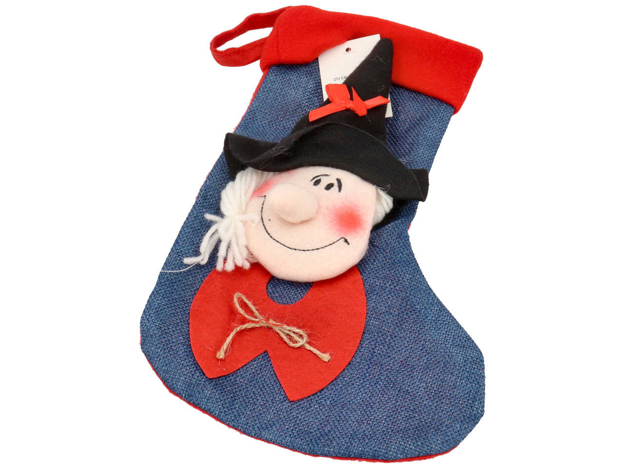 Calza sabrina n.1 in juta colorata con faccia di befana misura h.32cm