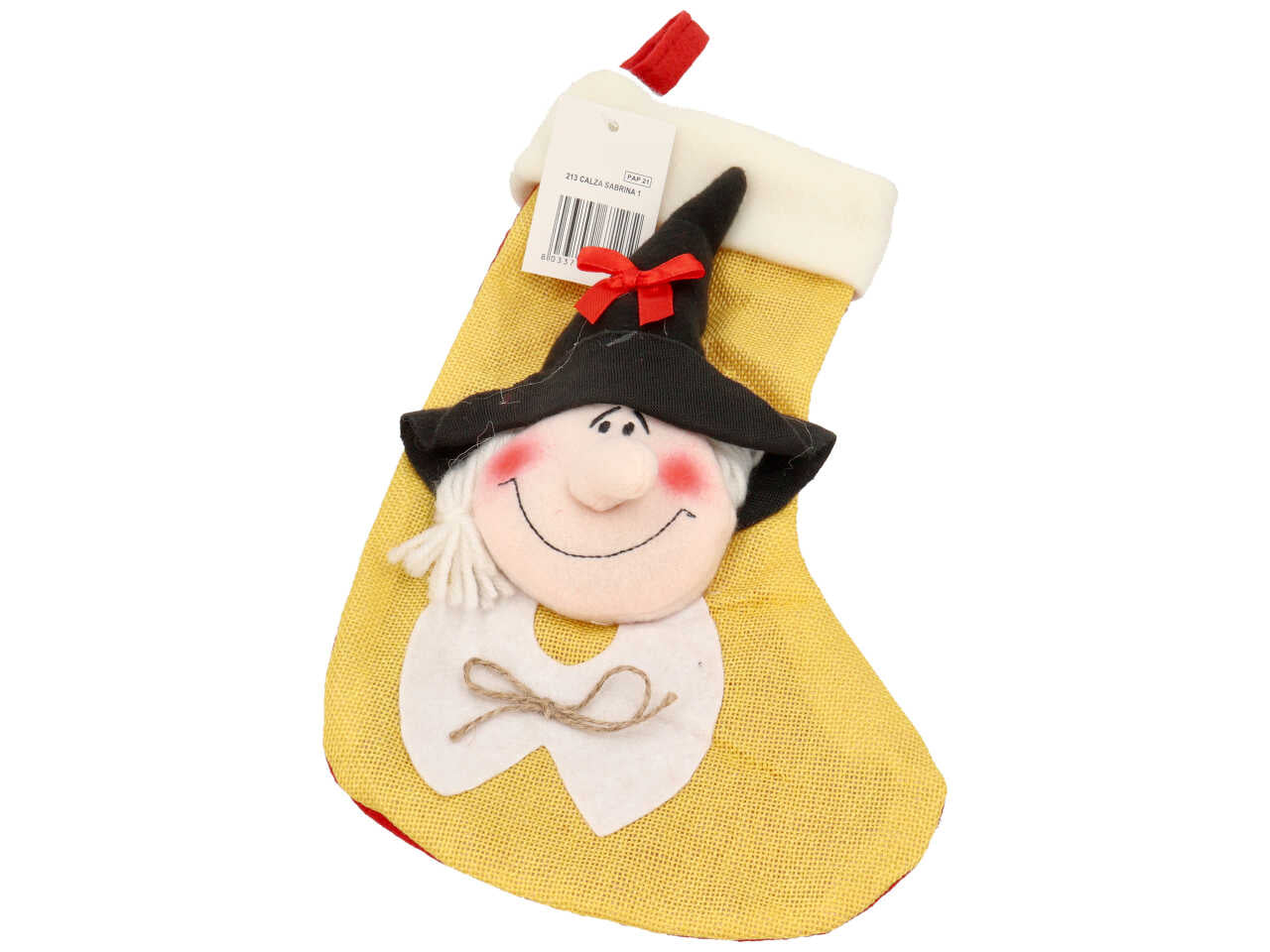 Calza sabrina n.1 in juta colorata con faccia di befana misura h.32cm