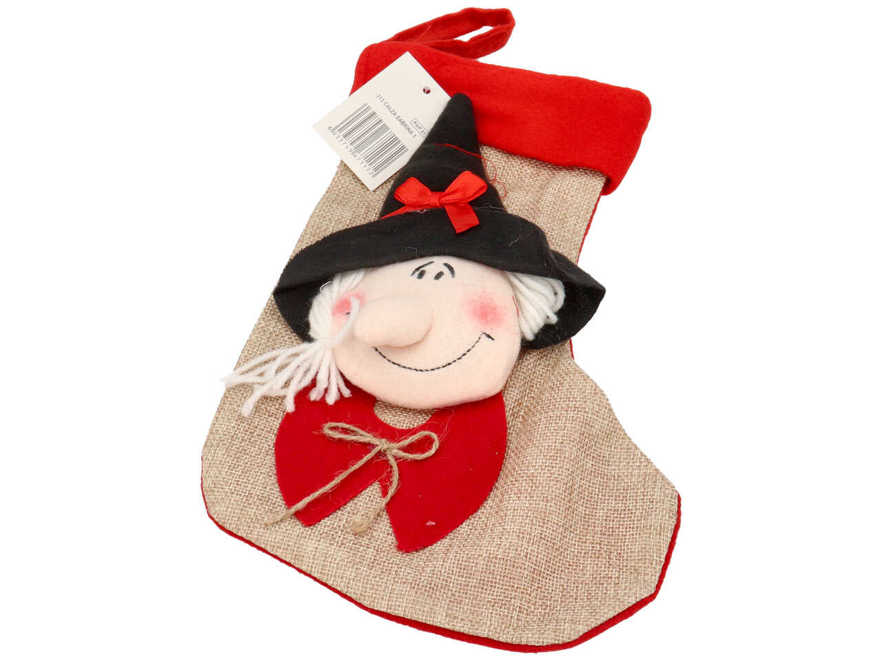 Calza sabrina n.1 in juta colorata con faccia di befana misura h.32cm