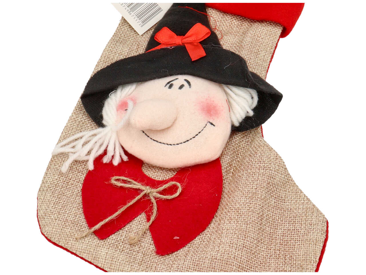 Calza sabrina n.1 in juta colorata con faccia di befana misura h.32cm