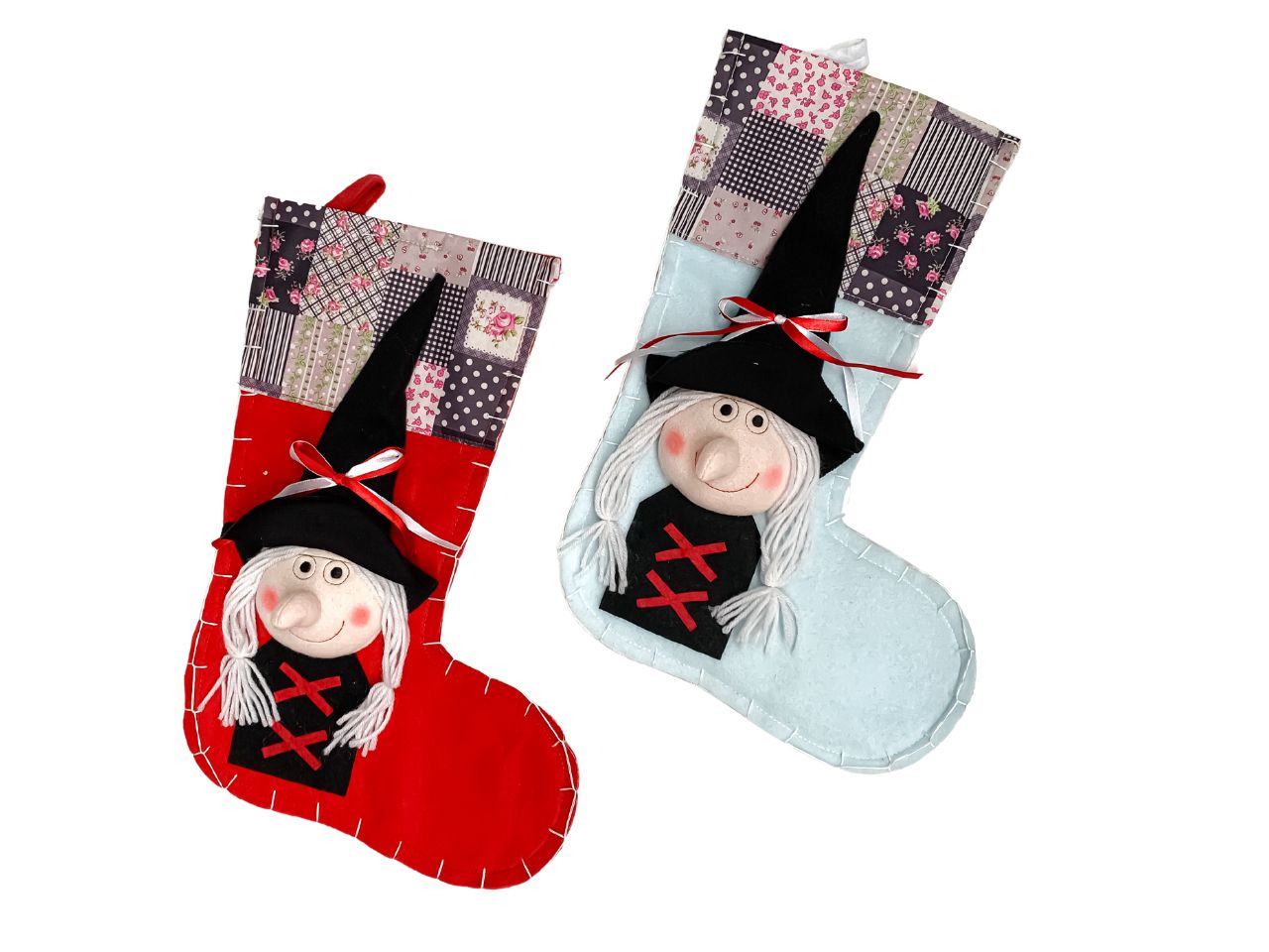 Calza susanna panno con befana lusso applicata 20x41cm in 2 colori rosso e celeste