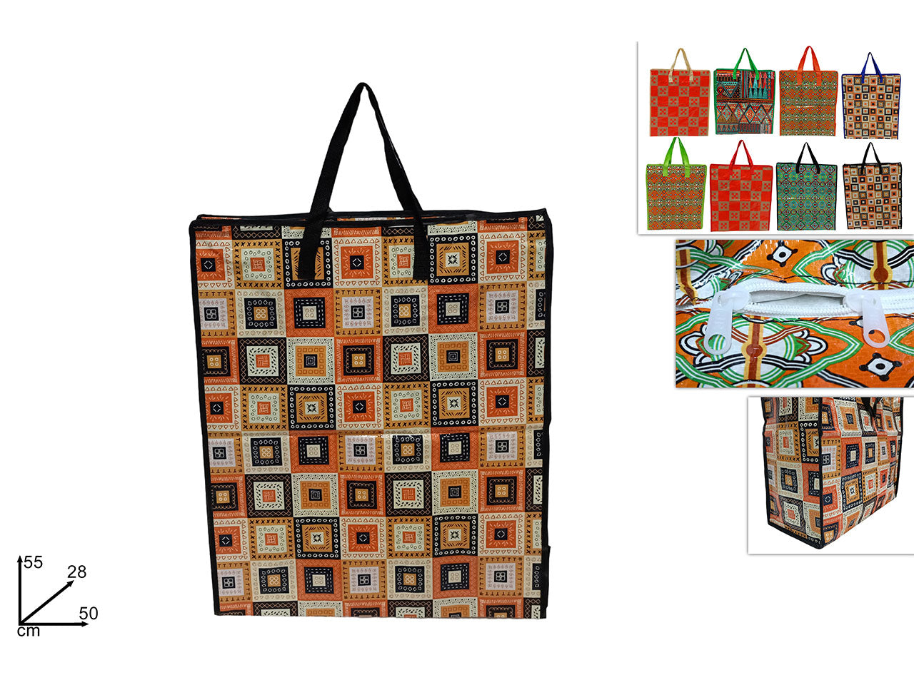 Borsa spesa 50x55x28cm in plastica con cerniera fantasie assortite