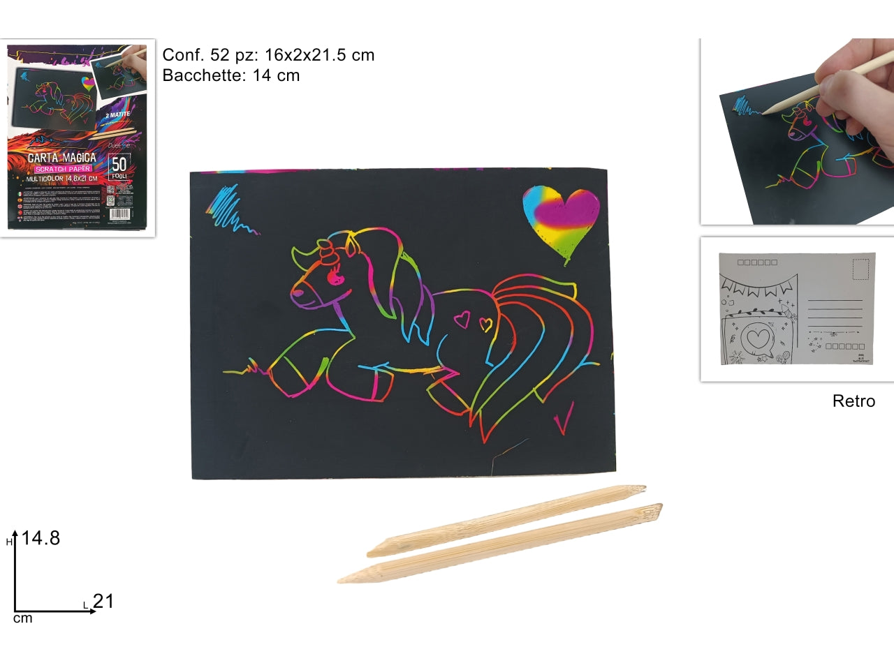 Scratch paper arcobaleno 14,8x21 cm, confezione da 50 fogli con matite in legno - Due Esse