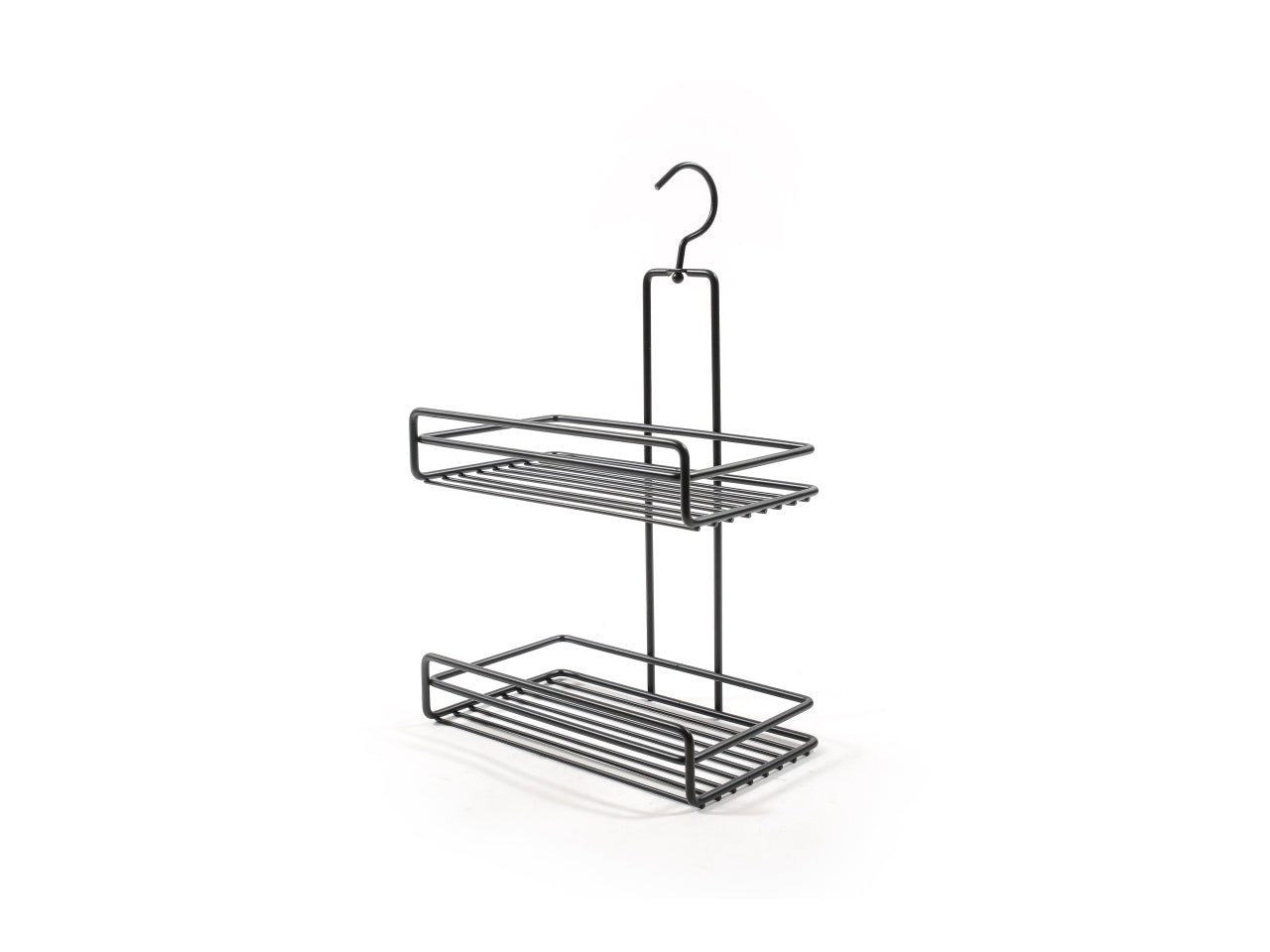 Mensola nera in metallo 2 piani con gancio doccia misura 23x14,5xh.44,5cm