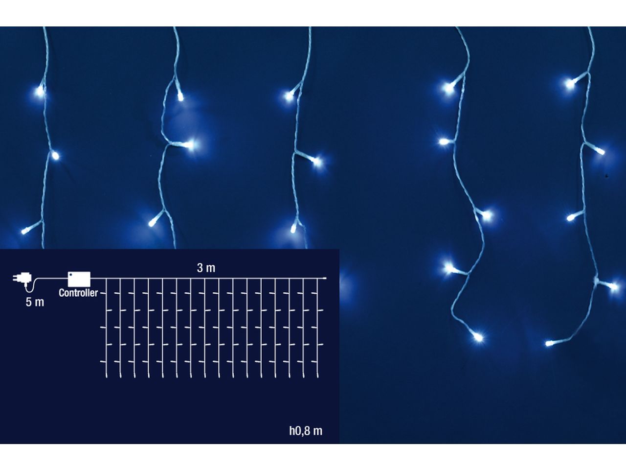 Tenda di luci natalizie a cascata con 96 led colore bianco e 8 funzioni 24v misura 3mtx0,80cm