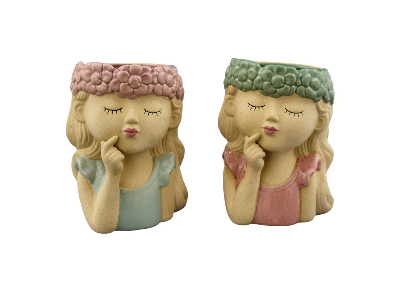 Vaso per fiori Mezzo Busto Ragazzina in Ceramica beige e rosa, Stile Floreale - 11x9x16,5cm