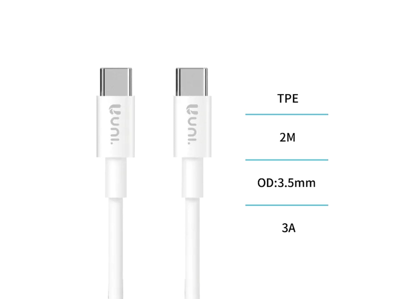 Cavo ricarica rapida 2 m,CB9081, type C a Type C, bianco - ricarica e trasferimento dati - Unico