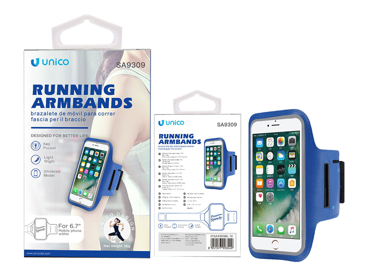 Fascia braccio sportiva per telefoni - blu - pvc e neoprene - adatto per telefoni cellulari 6,7 pollici - Unico