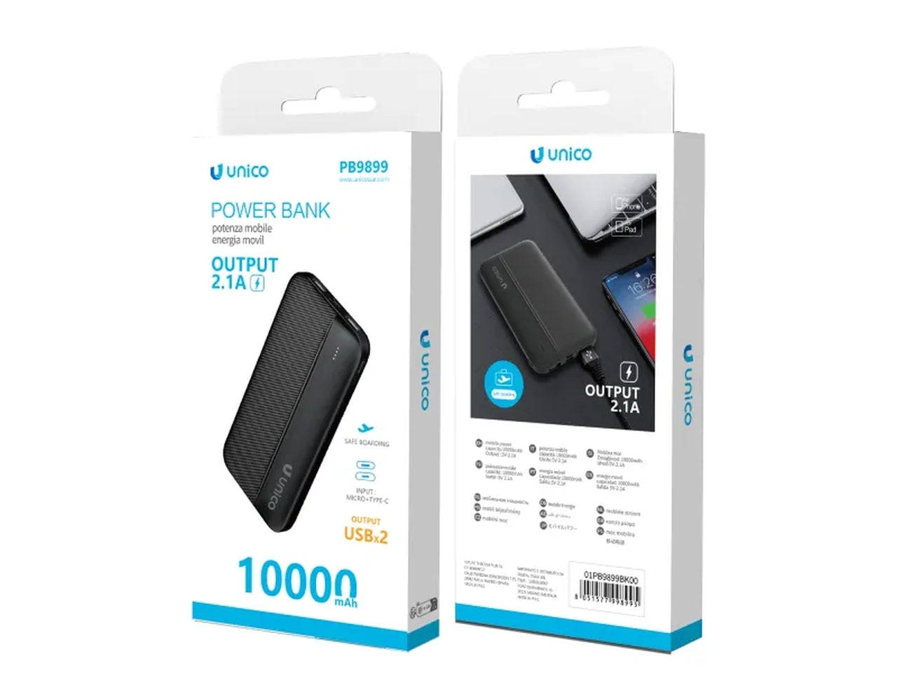 Power bank nero PB9899, 1000mAh 2USB - uscita 5V 2.1A, batteria ai polimeri - Unico