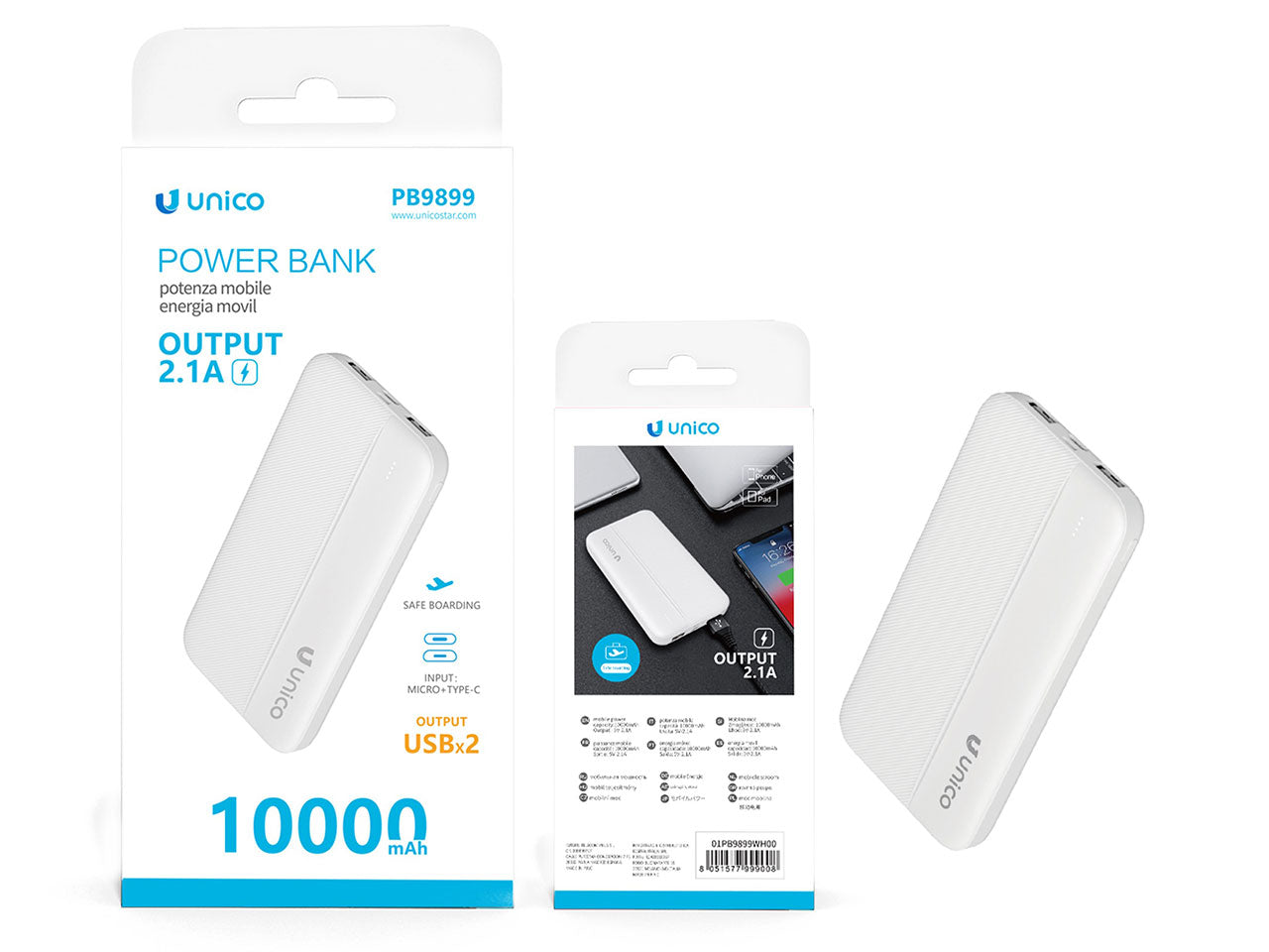 Power bank bianco PB9899, 1000mAh 2USB - uscita 5V 2.1A, batteria ai polimeri - Unico