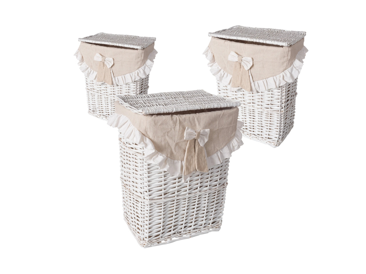 Set da 3 portabiancheria rettangolari bianchi in rattan e tessuto shabby chic - Coccole di Casa