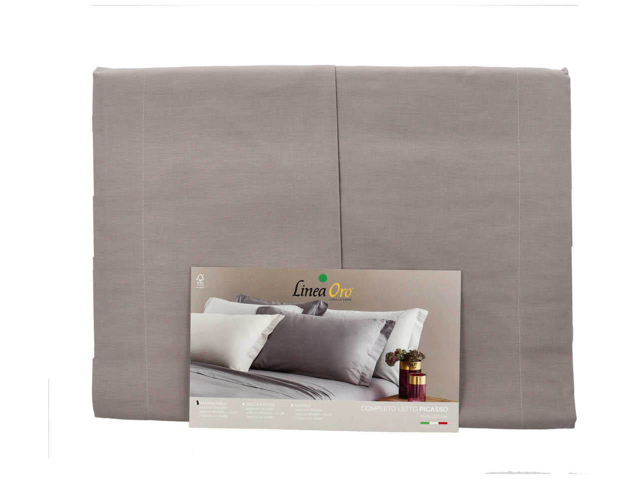 Set Completo Lenzuola Matrimoniale Picasso, colore Grigio, Puro Cotone, Linea Oro Carillo Home