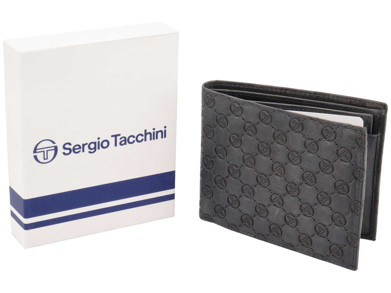 Portafoglio da uomo in pelle blu scuro con logo e portacarte estraibile, 10x13 cm - Sergio Tacchini