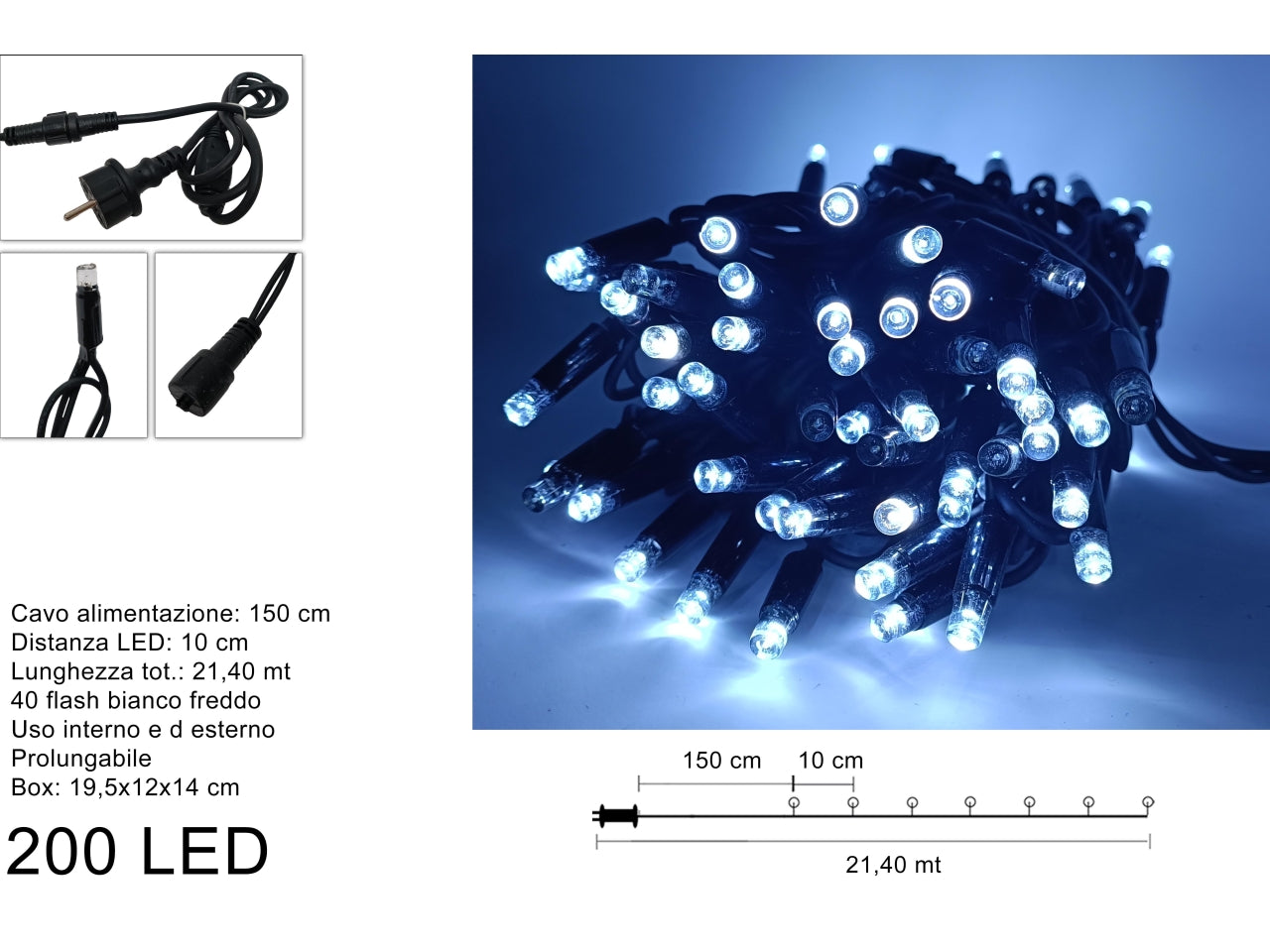 Luccioloni 200 led 40 led flash biancofreddo prolungabile filo nero ledplr-2*100-230v-bk(w)
