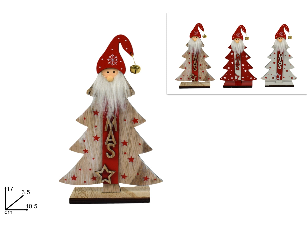 Alberello di natale in legno con babbo natale e campanello in 3 colori 17cm