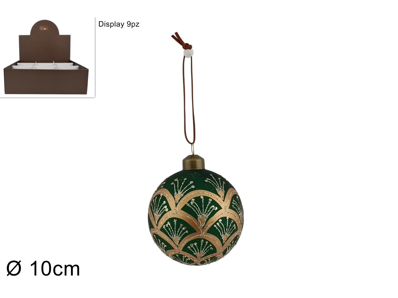 Palla di natale in vetro 10cm verde con decoro oro