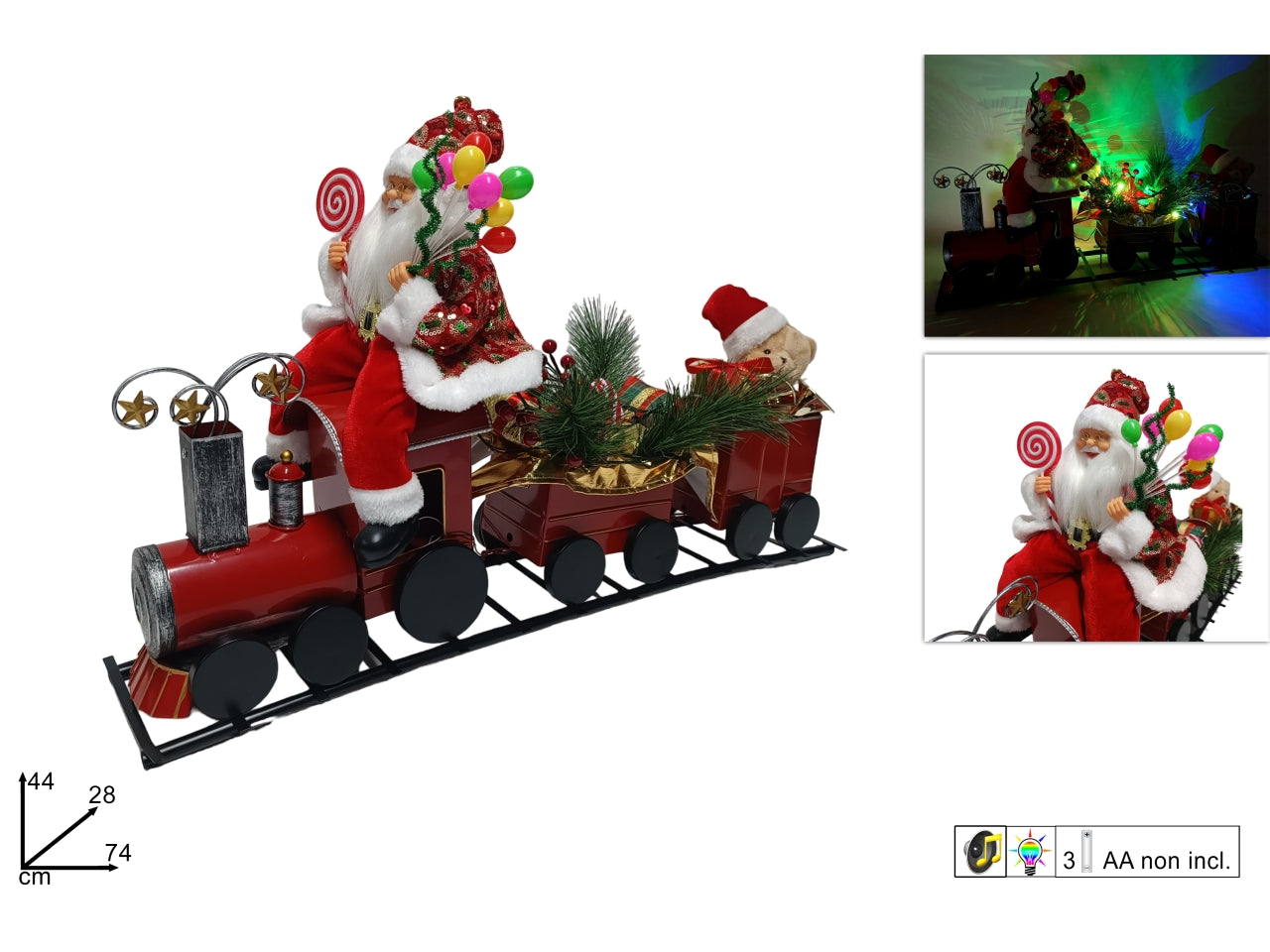 Treno natalizio in metallo con babbo natale e orsetto con luce e musica