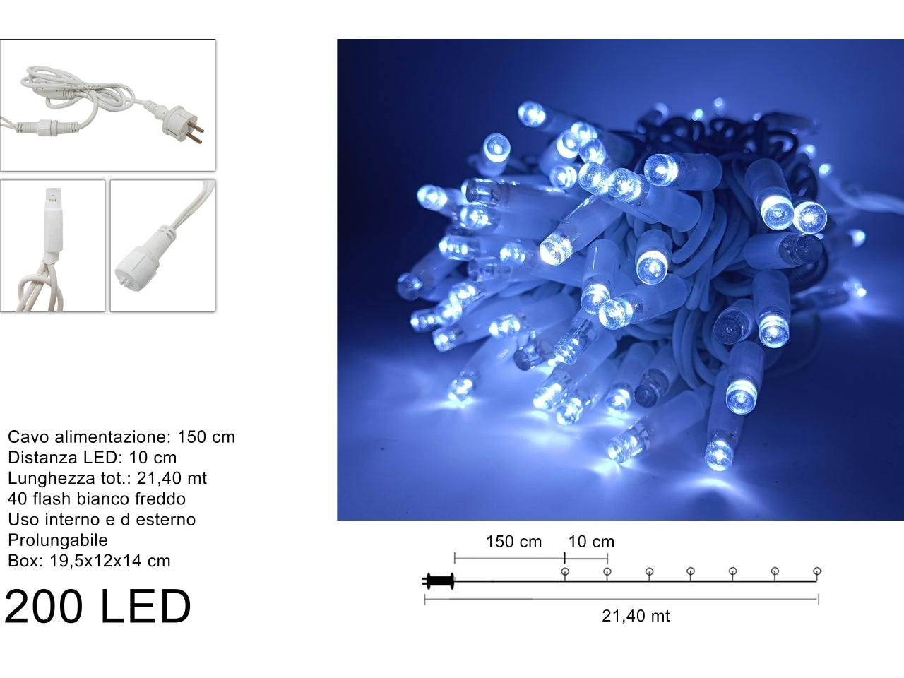 Luccioloni 200 led 40 led flash biancofreddo prolungabile filo bianco