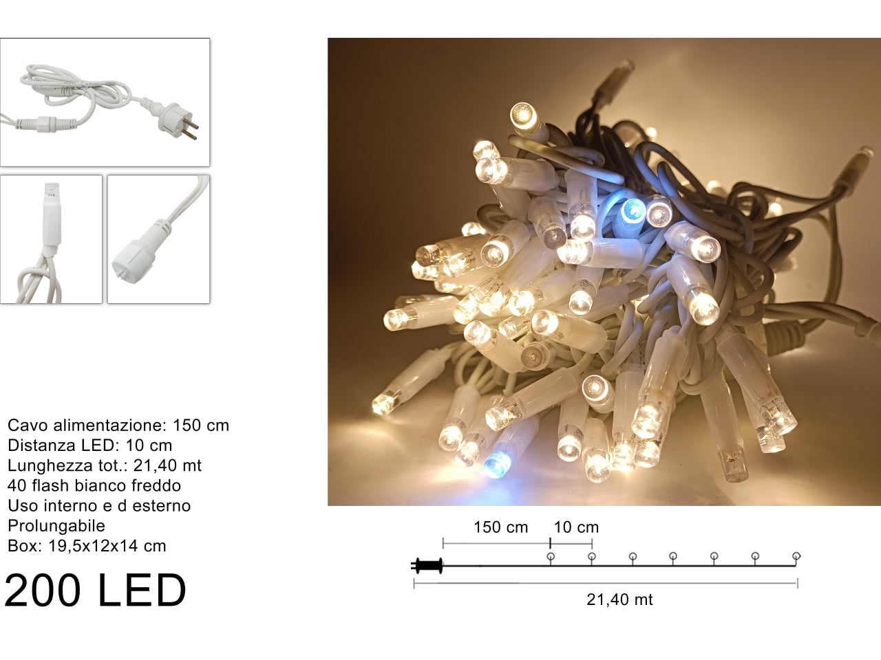 Luccioloni 200 led 40 led flash bianco caldo prolungabile filo bianco l