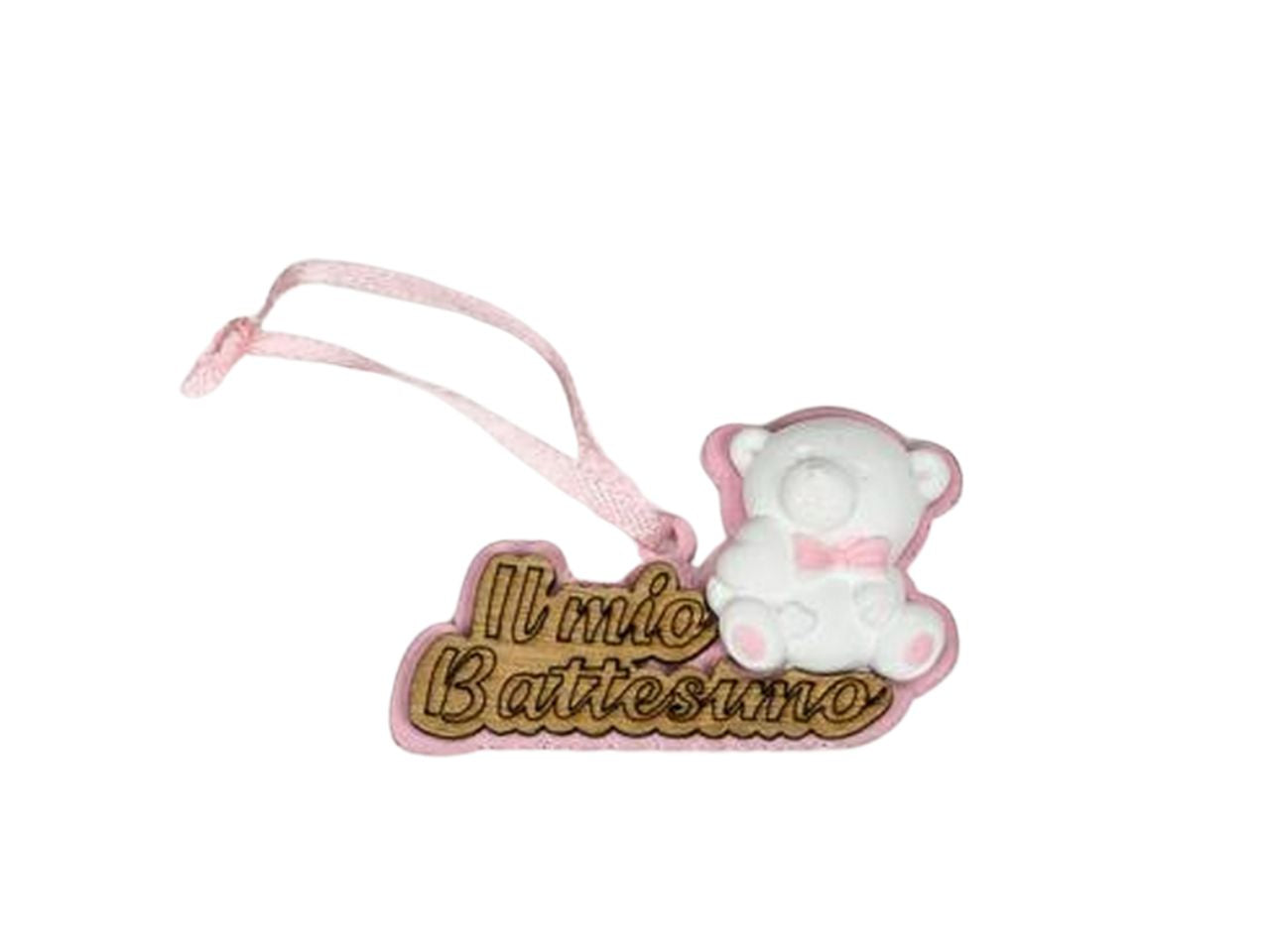 Applicazione legno orsetto battesimo l. misura 5,5cm rosa