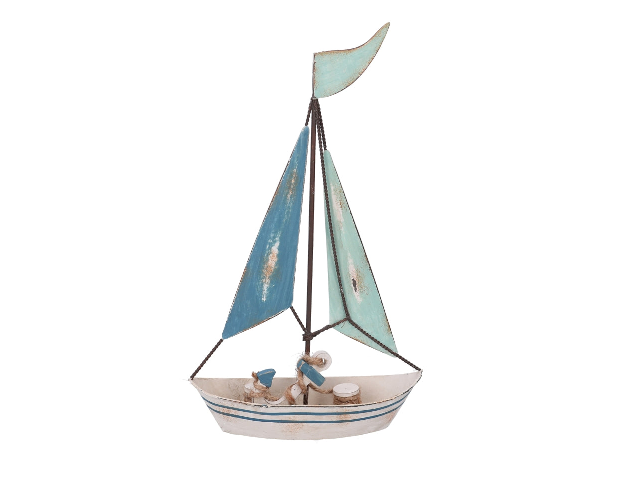 Barca decorativa in metallo e legno colore bianco e azzurro stile marinaro - 21x7x36 cm - Vacchetti
