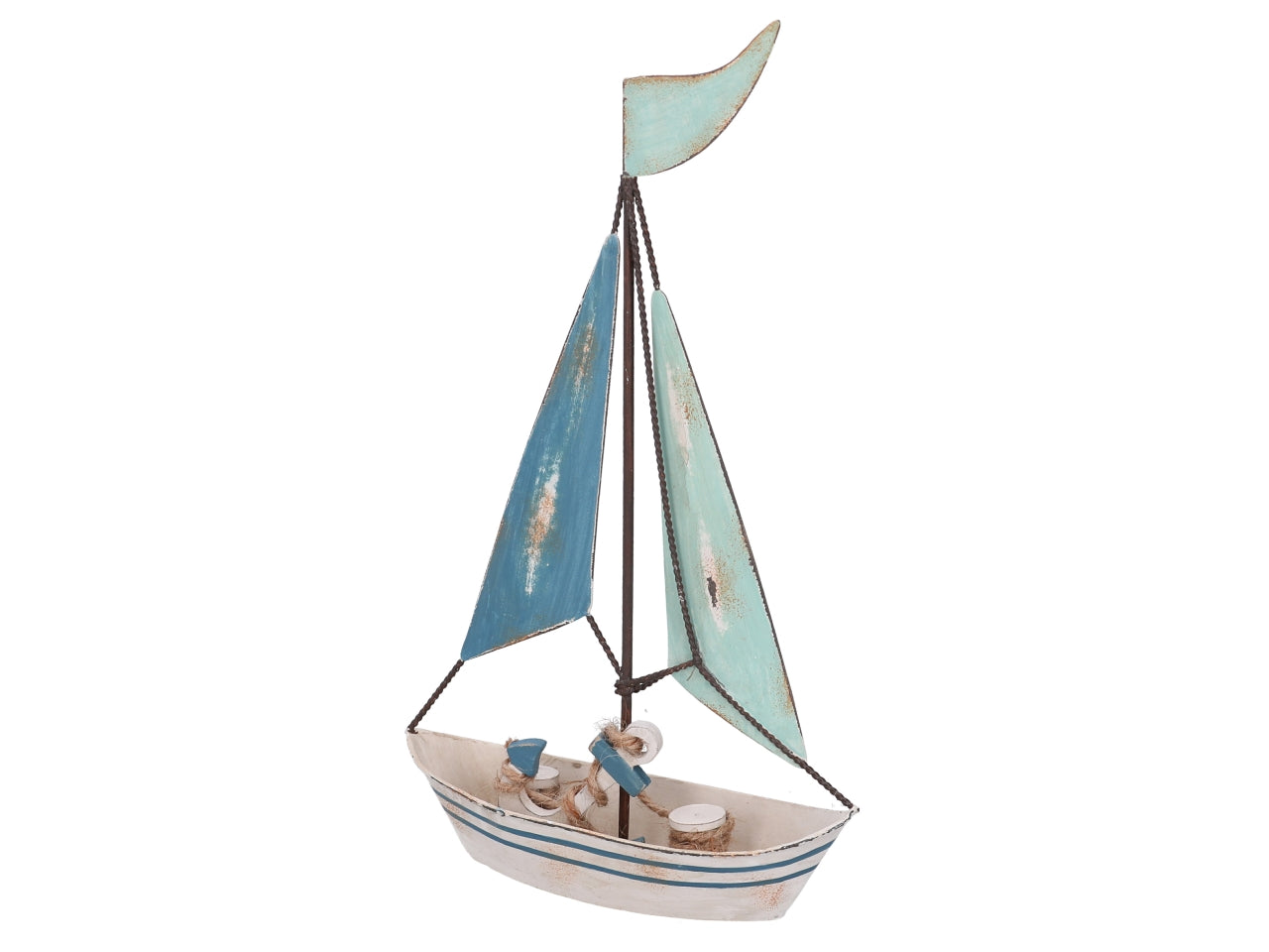 Barca decorativa in metallo e legno colore bianco e azzurro stile marinaro - 21x7x36 cm - Vacchetti