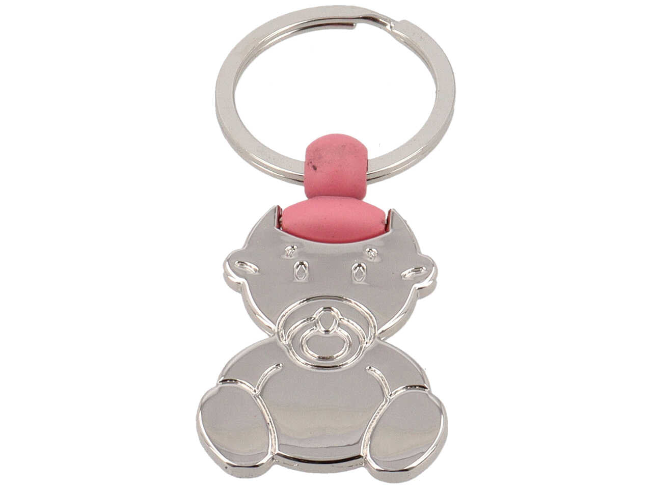 Portachiavi con orsetto di colore rosa e ciuccio in metallo