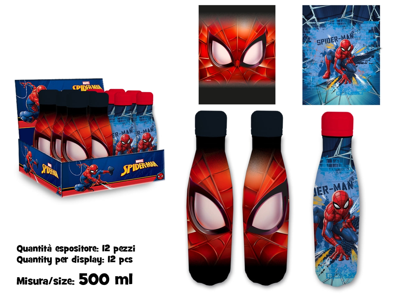 Borraccia termica per bimbo spiderman, 500ml in acciaio inossidabile marvel - colori assortiti - Coriex