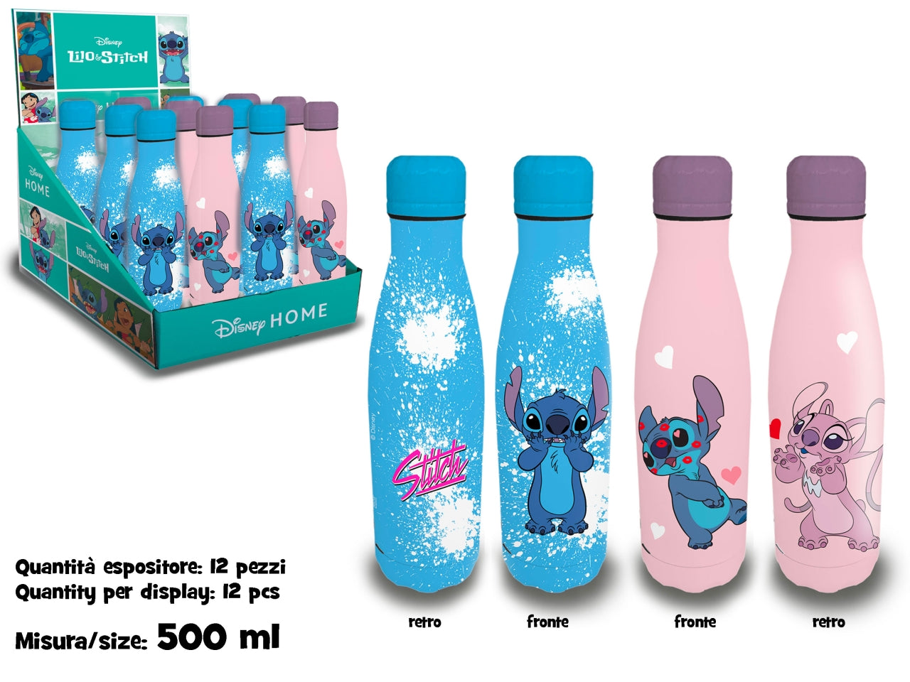 Lilo e Stitch borraccia termica 500 ml acciaio rosa e azzurro 27x7 cm - Coriex