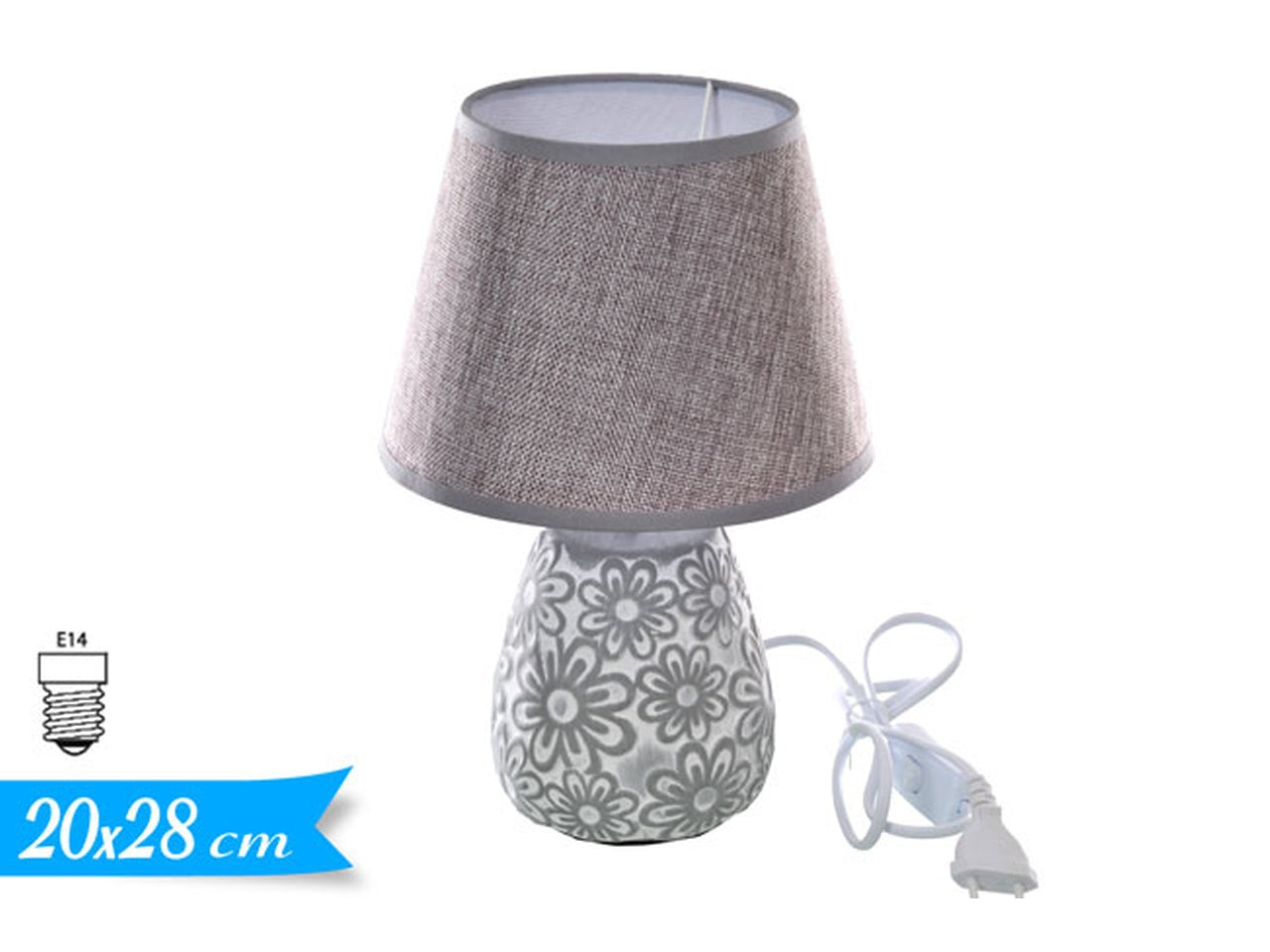 Lampada da tavolo bianco e grigio luce diffusa stle shabby chic in ceramica e paralume in tessuto, 20x28 cm Golden Hill