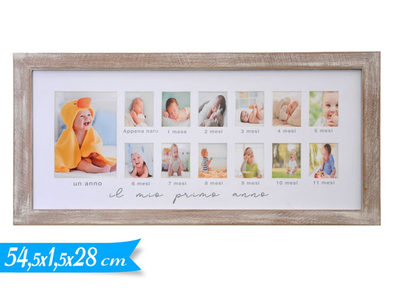 Cornice portafoto in legno naturale shabby chic, il mio primo anno con 13 posti foto, da muro 28x54 cm - Golden Hill