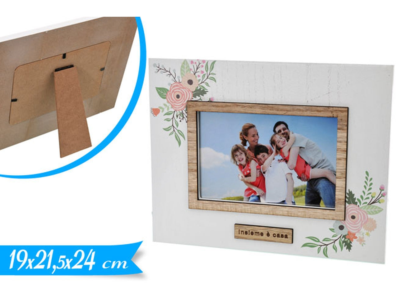 Cornice portafoto in legno bianco country con fantasia floreale, applicazione a rilievo ' insieme è casa' da appoggio, 10x15 cm - Golden Hill