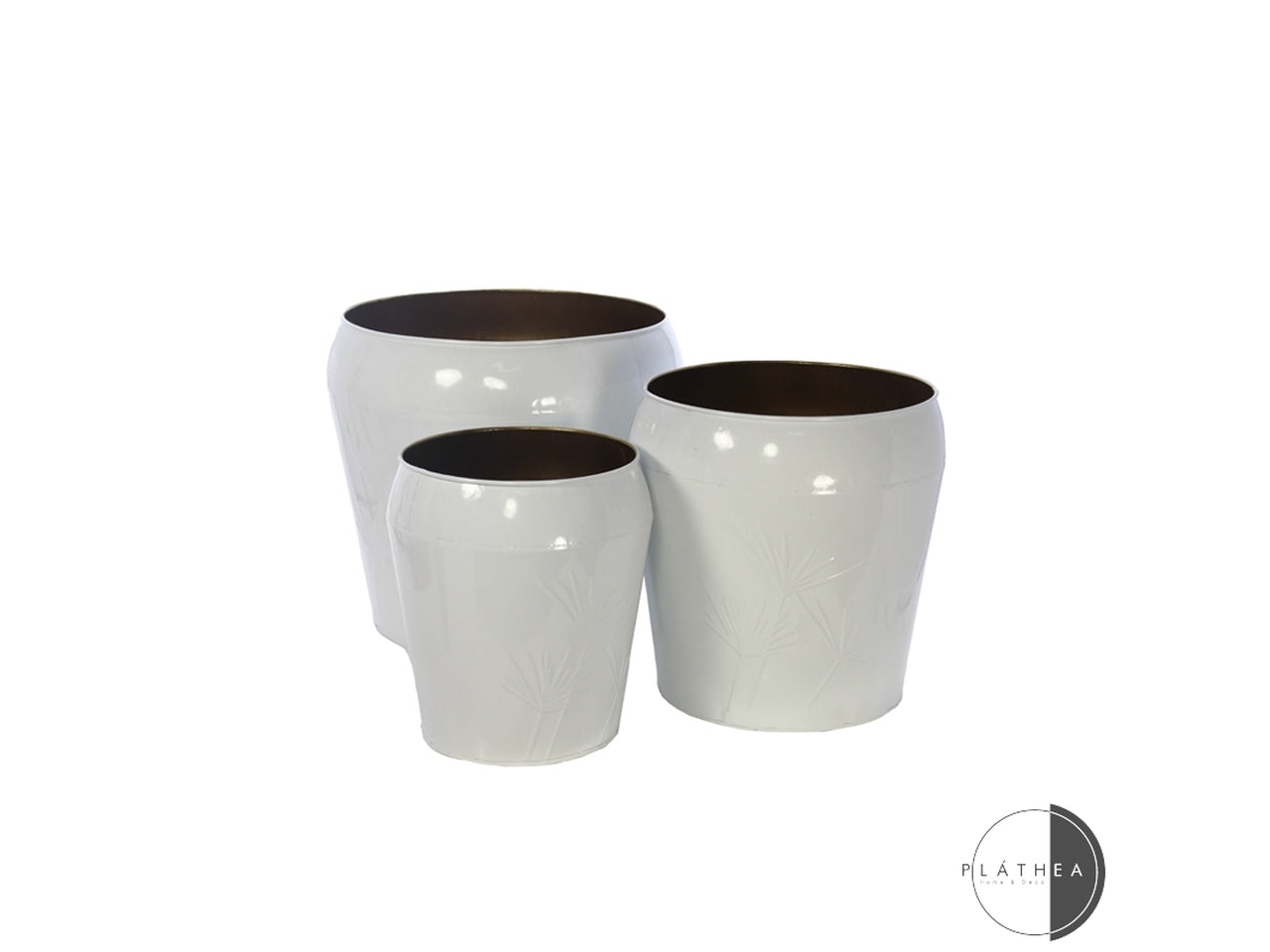 Cachepot vaso porta piante vintage, in metallo bianco, cilindrico, con fiori in rilievo e interno bronzo, set da 3- Plàthea