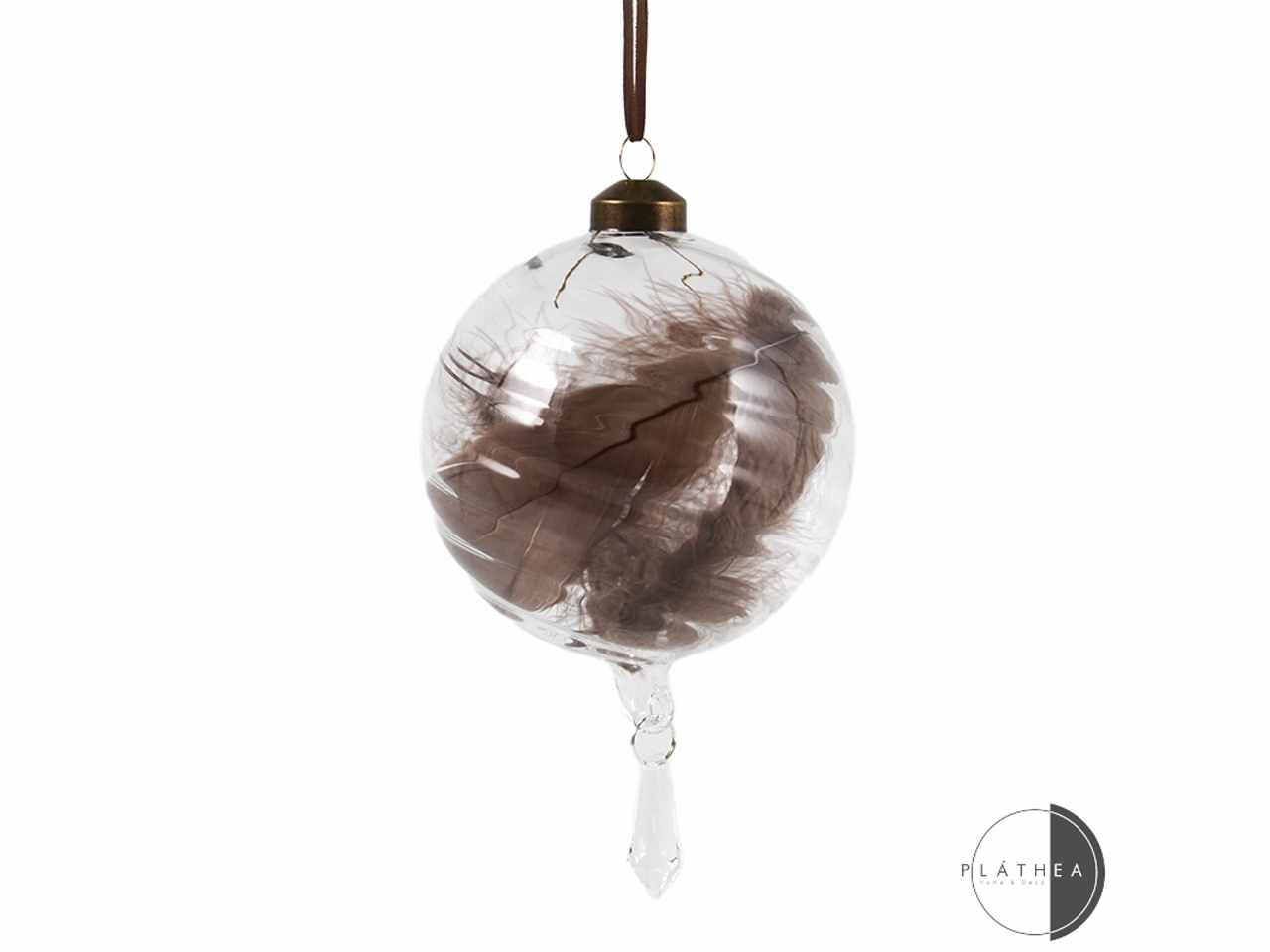 Sfera in vetro trasparente decorata con piuma marrone d.10cm