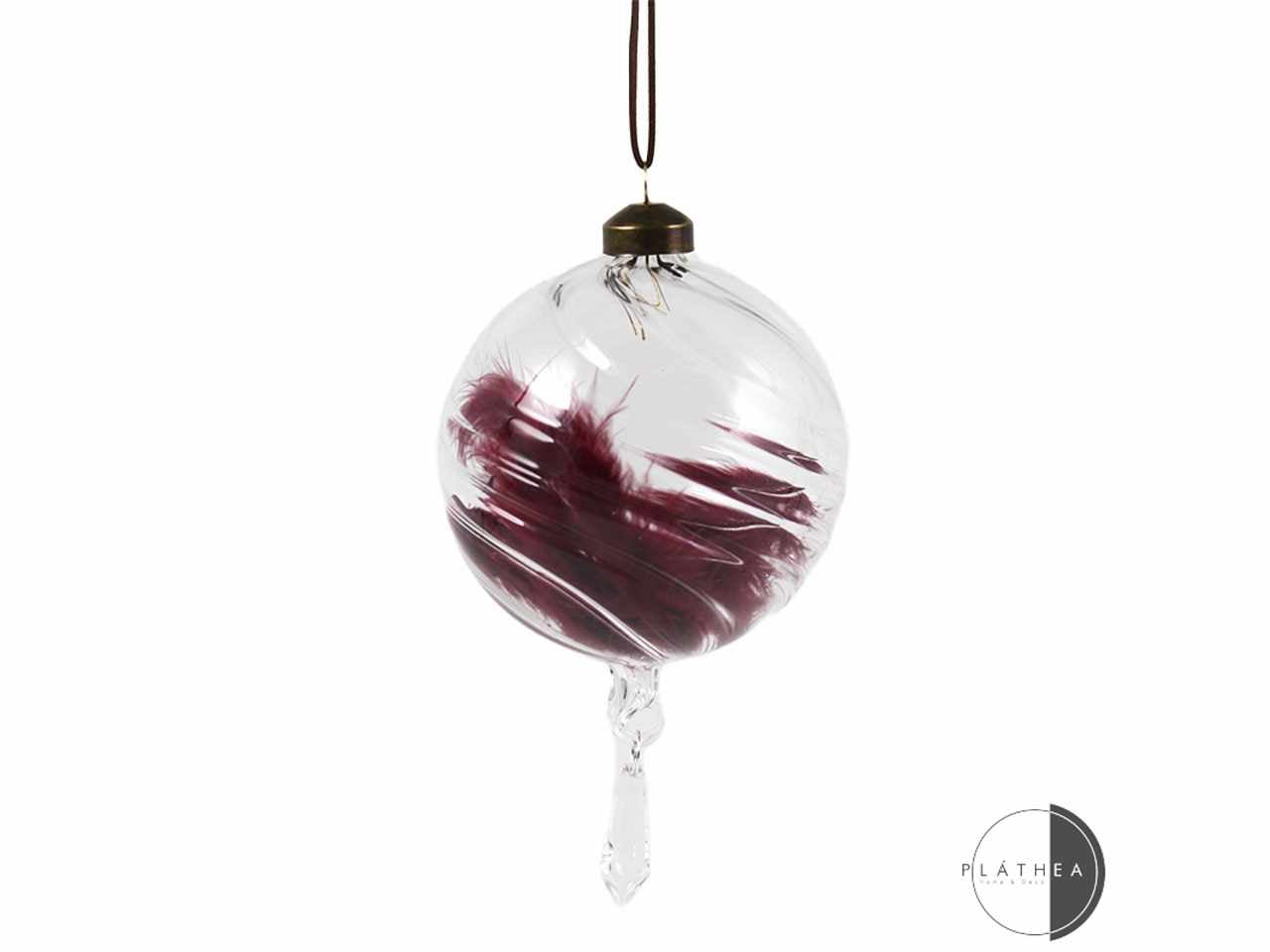 Sfera in vetro trasparente decorata con piuma burgundy d.10cm