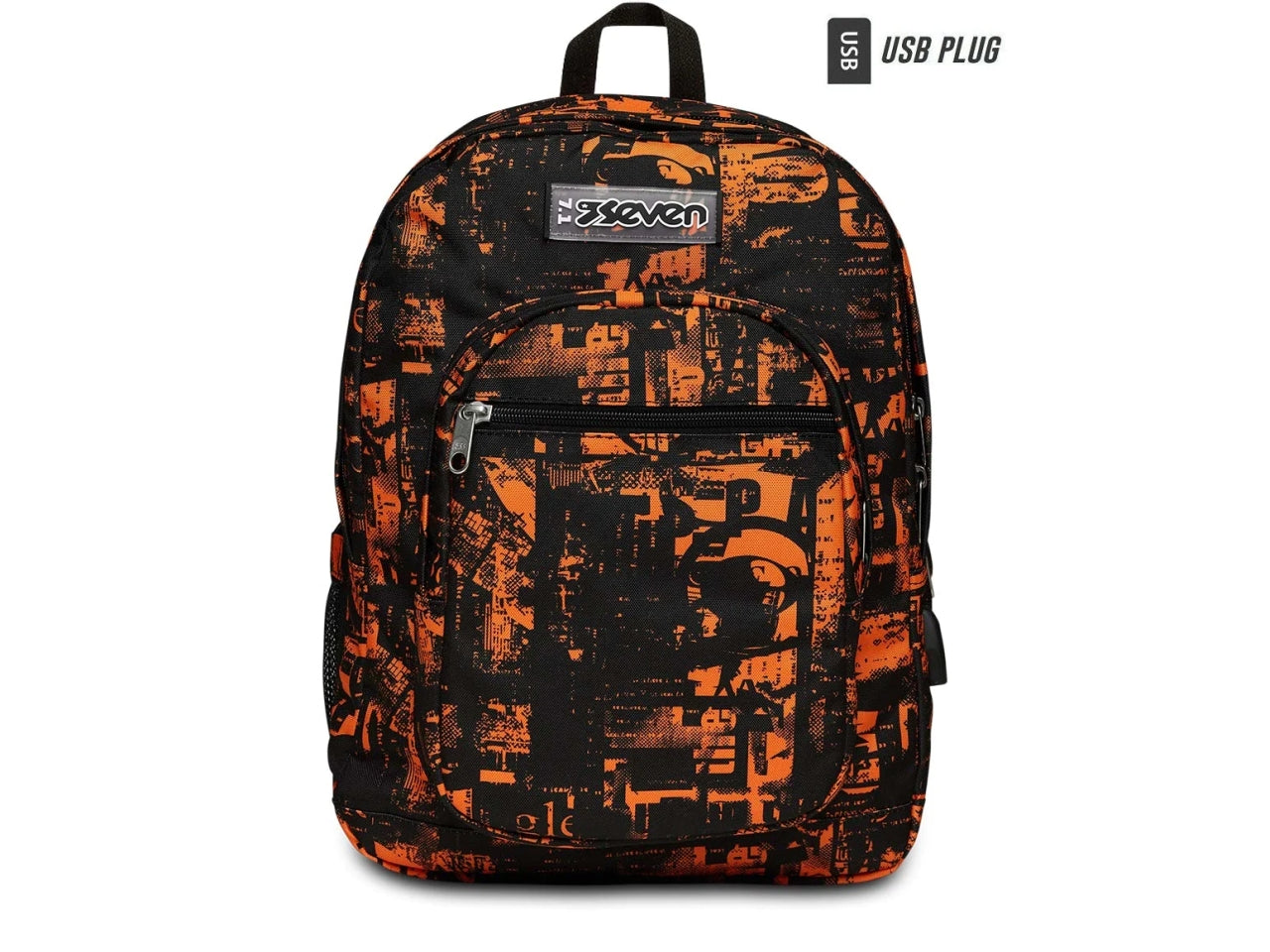 Zaino Seven Freethink Boy doppio scomparto in tessuto nero e arancio con uscita USB, 33x44x20 cm, 34 lt