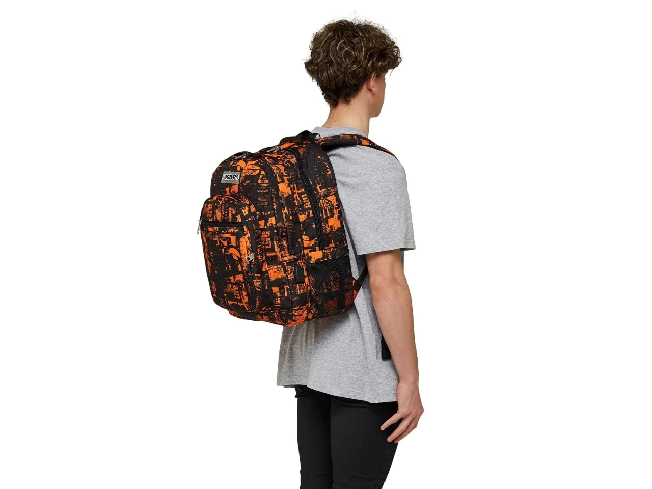 Zaino Seven Freethink Boy doppio scomparto in tessuto nero e arancio con uscita USB, 33x44x20 cm, 34 lt