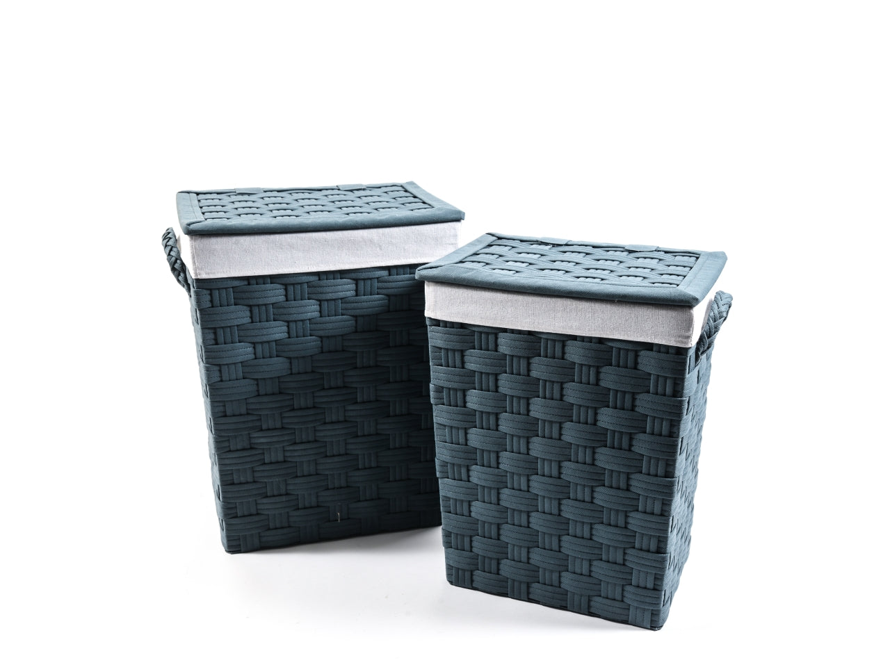 Set 2 ceste lavanderia con coperchio intrecciate in tessuto country blu avio con interno sfoderabile, grande 32x41x55 cm, piccolo 29x38x50 cm - Mercury"