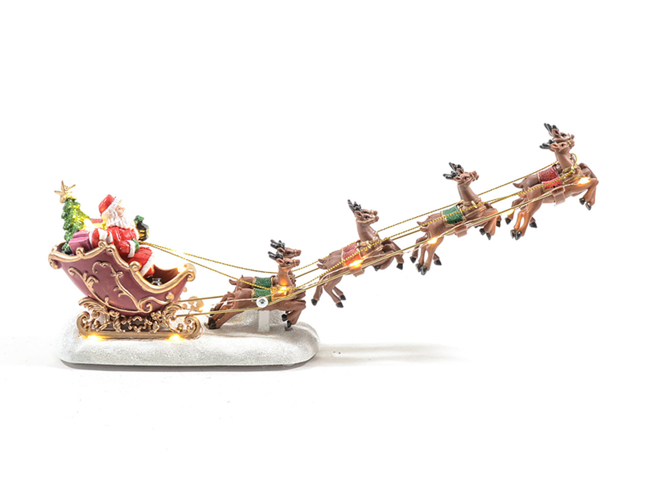 Slitta di babbo natale con renne in resina e plastica con luci misura 34x6,5x14cm con scatola regalo