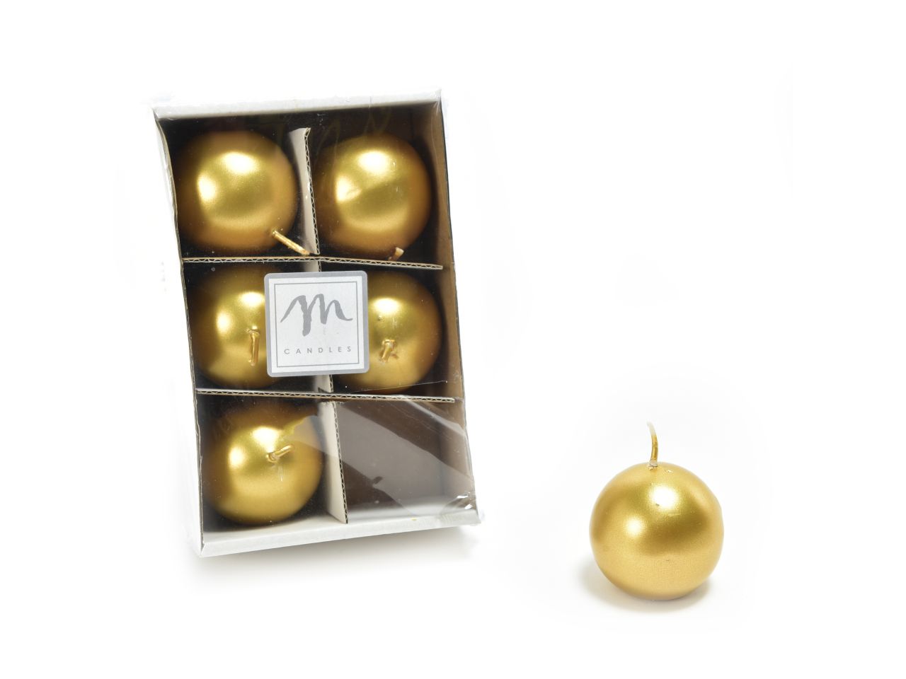 Candele natalizie sfera in cera linea lucid - set da 6 candele colore oro misura d.4,5cm in scatola bianca