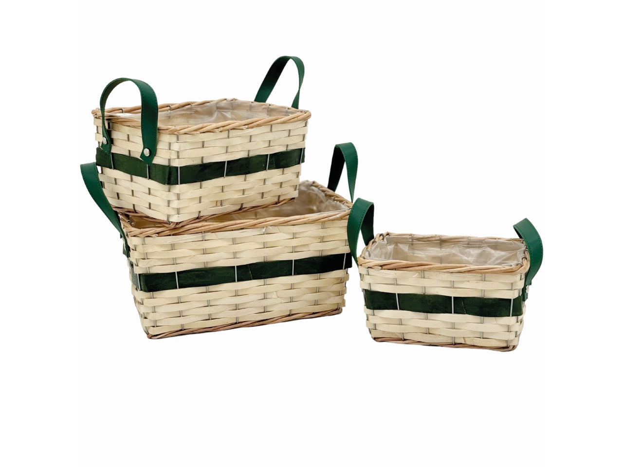 Cesti rettangolari legno naturale con riga verde con manici-la confezione contiene 3 cesti