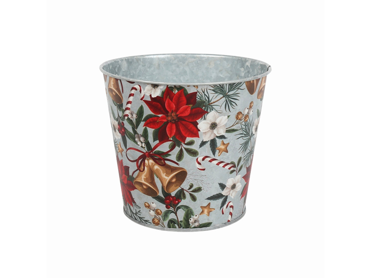 Vaso in  metallo bianco con sfonfo campane e stelle di natale 13x11,5cm