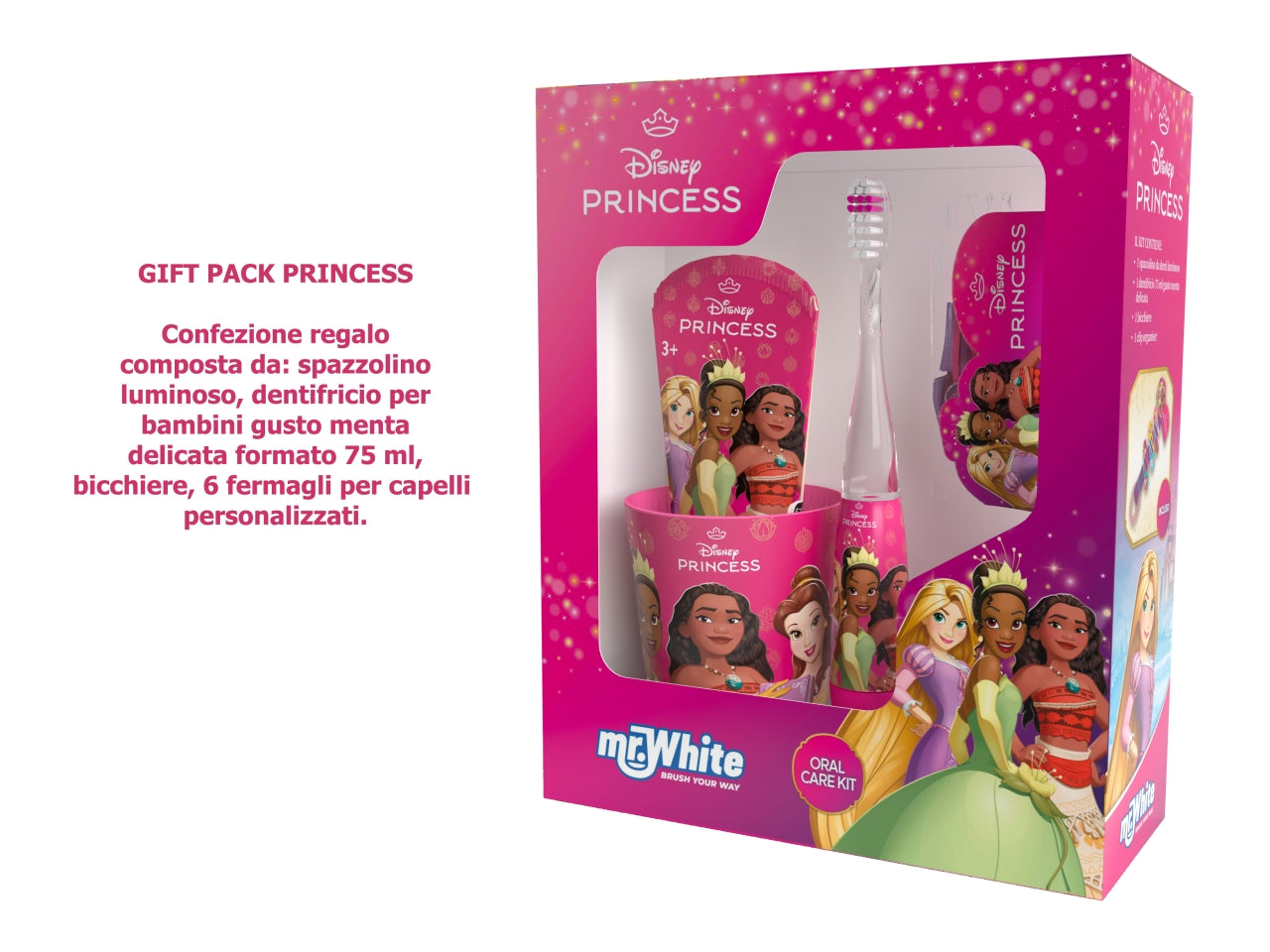 Principesse set regalo da bambina con spazzolino dentifricio bicchiere e fermagli, fucsia e azzurro - Real Trade